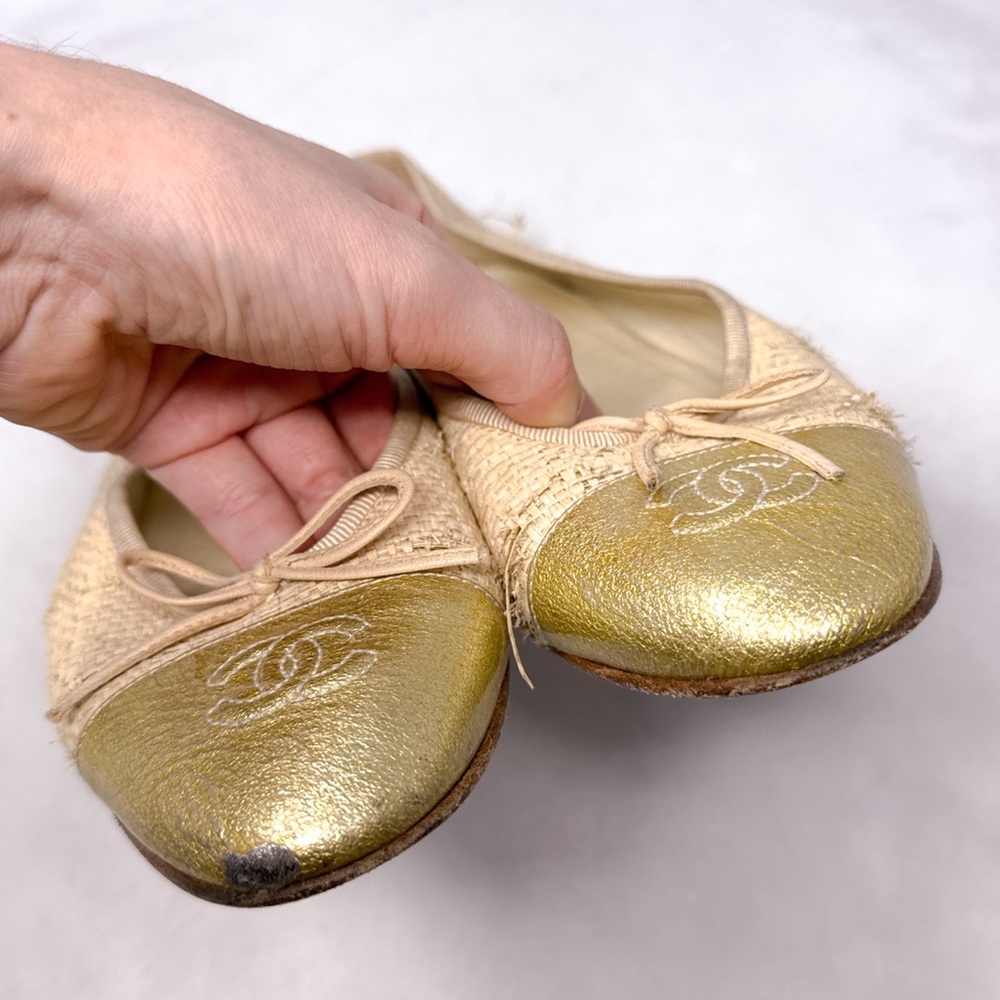 CHANEL Vintage Y2K Raffia Woven CC Coco Mark Leather Cap Toe Ballet Flats 38.5 - Picture 4 of 14